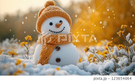 Charming Snowman Amidst Autumn Snowfall with Bright Yellow Flowers, AI Generative 123654864