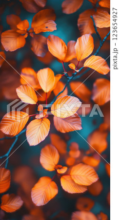 Vibrant autumn leaves in colorful cascade with blurred teal background, AI Generative 123654927