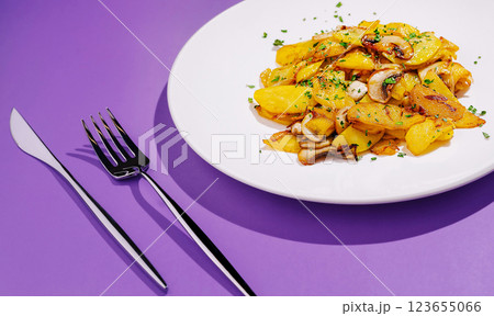 Delicious sauteed potatoes with mushrooms served on a white plate 123655066