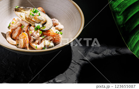 Delicious seafood dish with shrimp and mussels in a bowl 123655087