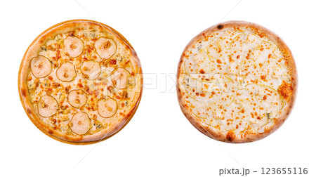 Unique pizzas with pear and cheese served on white background 123655116