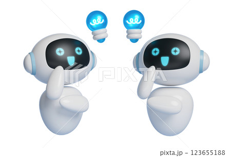 3D graphics of an AI robot character with a light bulb floating above its head 123655188