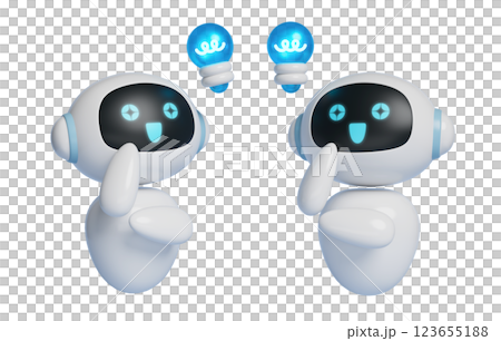 3D graphics of an AI robot character with a light bulb floating above its head 123655188