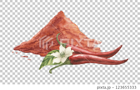 Red chili pepper with green leaves and white flower next to a pile of ground chili pepper. Botanical watercolor illustration hand drawn. Vegetable composition, suitable for packaging, menu, kitchen. 123655333
