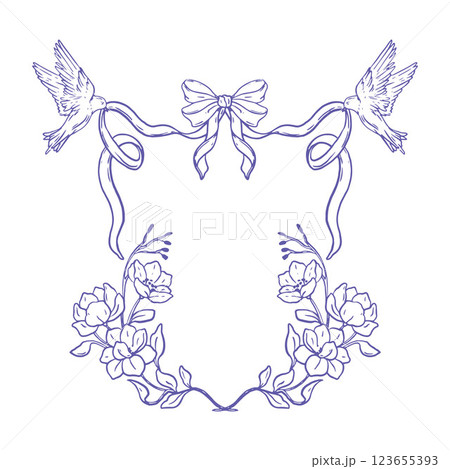 Romantic floral ribbon frame, hand drawn wedding border doodle bow Valentine card birds vector print 123655393