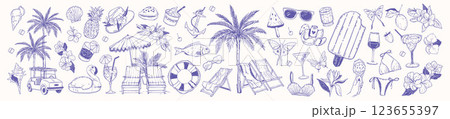 Tropical summer doodle icon set, vector hand drawn exotic vacation line illustration, pool party kit 123655397