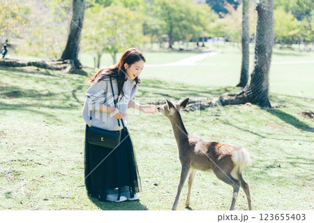 奈良公園で鹿せんべいを鹿にあげる女性 奈良公園で鹿せんべいを鹿にあげる女性 123655403