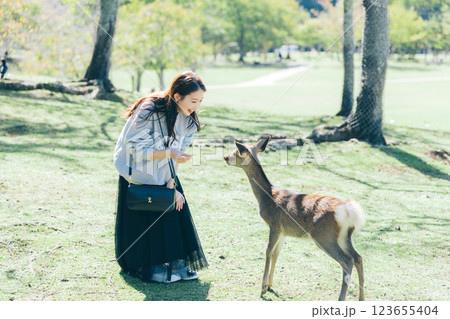 奈良公園で鹿せんべいを鹿にあげる女性 123655404