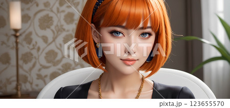 オレンジ色のショートヘア美女　Orange short hair beauty 123655570