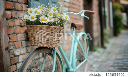 Vintage pastel bicycle with a wicker basket Vintage pastel bicycle with a wicker basket 123655602