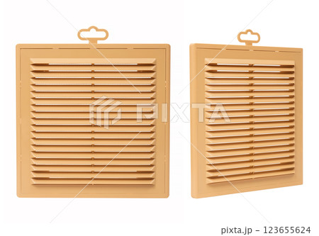 Ventilation grate isolated on a white background. Square shape. Material plastic. Color orange. 123655624