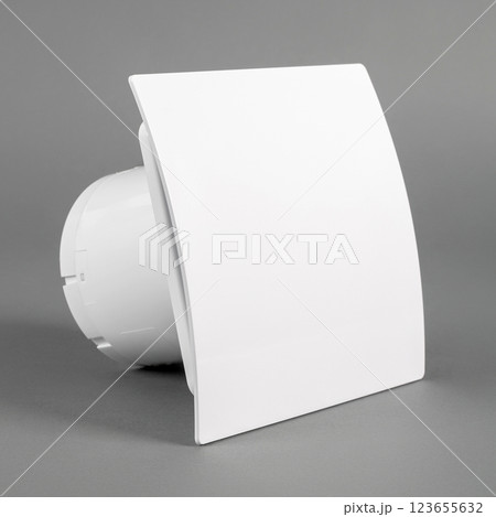White fan on a gray background. Ventilation system. 123655632