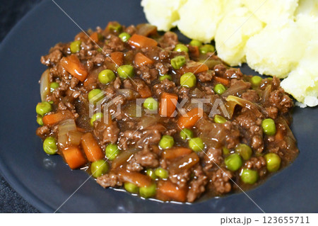 Mince and tatties on a plate. Traditional Scottish food. 123655711