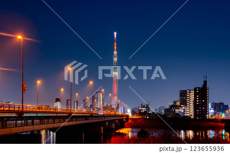 東京スカイツリーと国道6号線・夜景 123655936