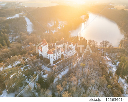 The breathtaking aerial view showcases Konopiste Castle surrounded by lush greenery and a serene lake. Sunlight casts a warm glow, enhancing the castle's picturesque charm. 123656014