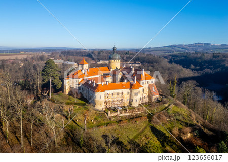 Grabstejn castle stands majestically on a hill, surrounded by lush greenery. The clear blue sky highlights the castle's vibrant orange roof and intricate architecture, creating a picturesque scene. 123656017