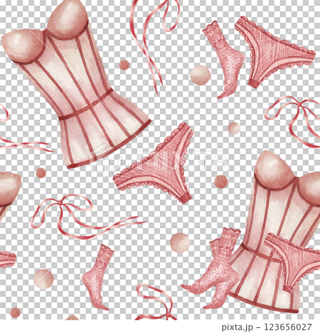 Women corset, lace socks, bow, panties. Seamless pattern. Watercolor illustration isolated from background. Pink beige lace underwear. Wrapping paper, packaging in lingerie store or feminine holidays Women corset, lace socks, bow, panties. Seamless pattern. Watercolor illustration isolated from background. Pink beige lace underwear. Wrapping paper, packaging in lingerie store or feminine holidays 123656027