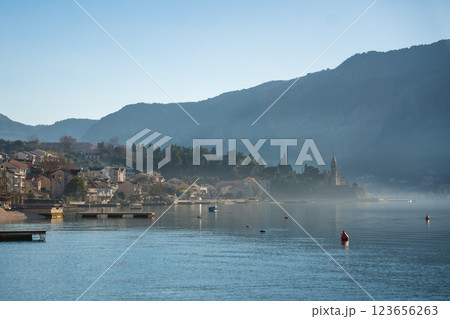 View of small village on coastline of Gulf of Kotor Bay next to Kotor town in Montenegro View of small village on coastline of Gulf of Kotor Bay next to Kotor town in Montenegro 123656263