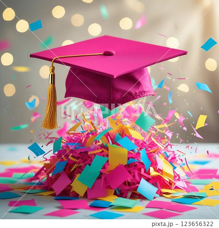 Pink graduation cap with confetti explosion.  123656322