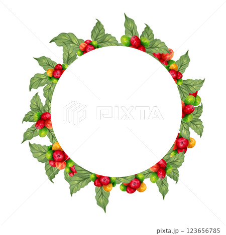 Coffee round frame with beans, flower, leaves. Watercolor illustration. Coffee day. Botanical natural background of ripening berries. Hand drawn isolated art. Aroma of Robusta and Arabica varieties. Coffee round frame with beans, flower, leaves. Watercolor illustration. Coffee day. Botanical natural background of ripening berries. Hand drawn isolated art. Aroma of Robusta and Arabica varieties. 123656785