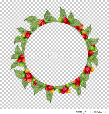 Coffee round frame with beans, flower, leaves. Watercolor illustration. Coffee day. Botanical natural background of ripening berries. Hand drawn isolated art. Aroma of Robusta and Arabica varieties. 123656785