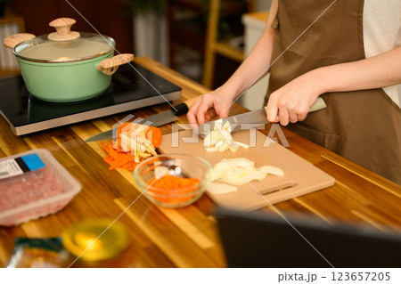 Young woman preparing a delicious spaghetti at kitchen counter with fresh ingredients Young woman preparing a delicious spaghetti at kitchen counter with fresh ingredients 123657205