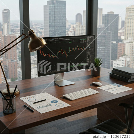 株価チャートとパソコン、投資家のワークスペース 123657233