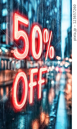 Glowing neon 50% off sign reflecting on a wet city street with blurred skyscrapers and lights in the background, creating a modern and dynamic urban shopping atmosphere. 123657260