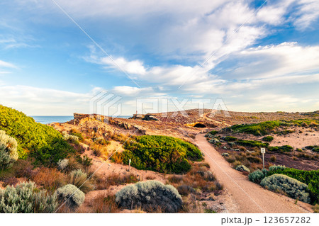Robe Coastal Walk with the Obelisk during sunrise 123657282