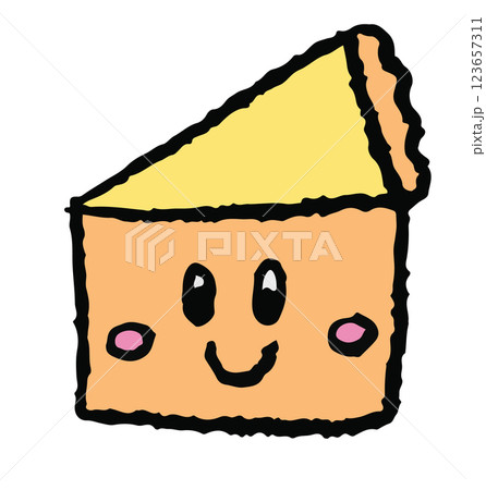 Hand drawn crayon illustration of happy cake slice for birthday cake, sweet dessert, cafe, restaurant, menu, recipe, baking book, stickers, food, snack, cake shop, kids and children, brunch, card 123657311