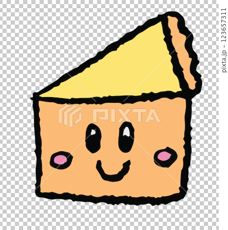 Hand drawn crayon illustration of happy cake slice for birthday cake, sweet dessert, cafe, restaurant, menu, recipe, baking book, stickers, food, snack, cake shop, kids and children, brunch, card 123657311