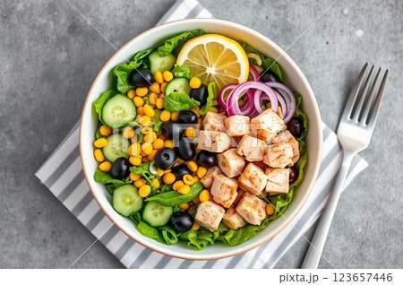 Fresh Tuna Salad with Mixed Greens, Black Olives, and Lemon Garnish on a Textured Surface 123657446