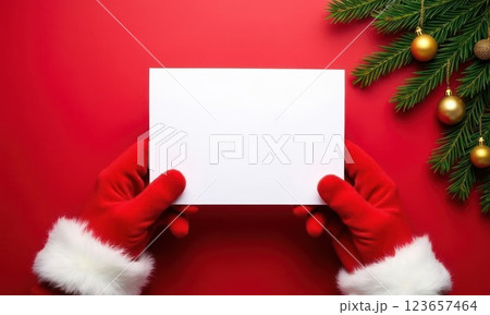 Man is holding white card on red Christmas background. The card is empty, and the man is wearing red 123657464