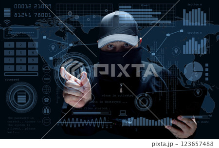 Cyber Hacker with Laptop and Digital HUD Interface 123657488