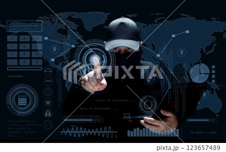 Cyber Hacker with Laptop and Digital HUD Interface 123657489