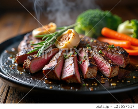 Juicy Sliced Steak with Roasted Garlic and Vegetables on a Hot Plate 123657517