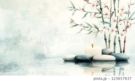 A serene composition of bamboo stalks, white blossoms, smooth spa stones, and a lit candle reflected in water, creating a peaceful and zen-inspired atmosphere. 123657637