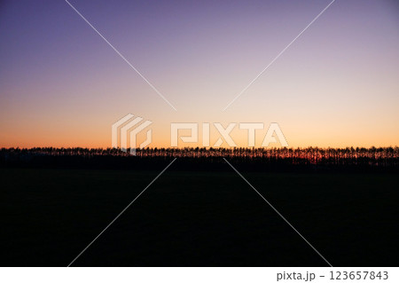 早春の十勝平野の日没後のマジックアワーの風景 123657843