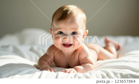 happy infant in a diaper playfully grabbing toes while lying on a white bedsheet, bright and airy lighting, joyful expression, smooth skin texture, hyper-realistic details, cinematic close-up, concept 123657864