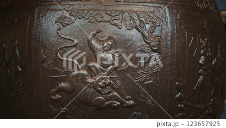 Chengdu, Sichuan, China. Ornate Iron Pot And Liu Bei Statue In Mausoleum Of Liu Bei, Wuhou Memorial, Three Kingdoms Temple. Depicts Scene Of Fighting With Tiger. Engraving On Bronze Incense Burial Pot Chengdu, Sichuan, China. Ornate Iron Pot And Liu Bei Statue In Mausoleum Of Liu Bei, Wuhou Memorial, Three Kingdoms Temple. Depicts Scene Of Fighting With Tiger. Engraving On Bronze Incense Burial Pot 123657925