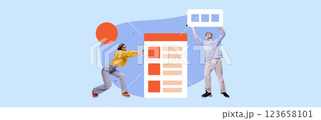 Contemporary art collage. Young man and woman constructing digital interface, symbolizing creative development, web design. 123658101