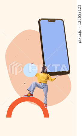 Modern artwork. Young woman balancing giant smartphone, abstract geometric shapes surrounding her, illustrating interaction between physical and virtual worlds. Modern artwork. Young woman balancing giant smartphone, abstract geometric shapes surrounding her, illustrating interaction between physical and virtual worlds. 123658123