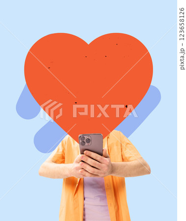 Creative art collage. Young man with smartphone, oversized heart replacing head, symbolizing online affection, digital influence. 123658126