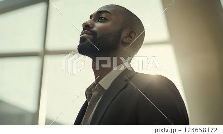 Successful male entrepreneur thinks standing in office, confident business man looking out window 123658172