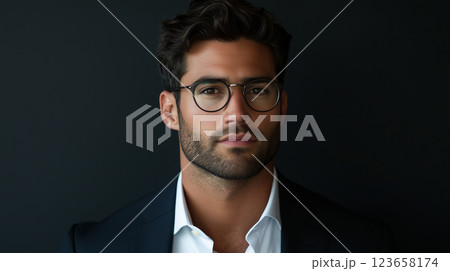 Close-up portrait of attractive stylish young man standing on black studio background 123658174