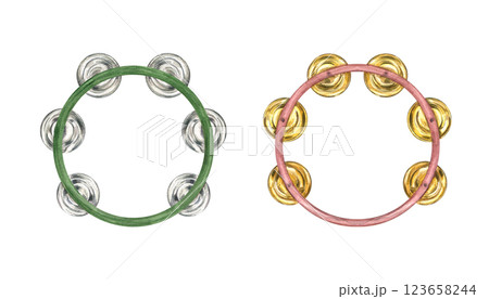 Two tambourine clip art watercolor illustration isolated background. Percussion instrument with golden and silver metal plates. Top view. Traditional musical elements for festival design, shop decor. Two tambourine clip art watercolor illustration isolated background. Percussion instrument with golden and silver metal plates. Top view. Traditional musical elements for festival design, shop decor. 123658244