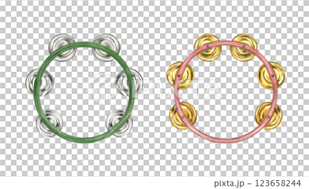 Two tambourine clip art watercolor illustration isolated background. Percussion instrument with golden and silver metal plates. Top view. Traditional musical elements for festival design, shop decor. Two tambourine clip art watercolor illustration isolated background. Percussion instrument with golden and silver metal plates. Top view. Traditional musical elements for festival design, shop decor. 123658244