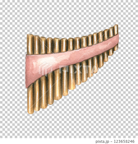 Wooden pan flute watercolor illustration isolated background. Bamboo Panpipe woodwind instrument with pipes of different lengths. Folk ethnic element for festival decor, concert invitation 123658246
