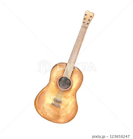 Six string guitar watercolor illustration isolated background. Brown musical stringed instrument. Classical element for music education design, book decor, jazz festival posters, stickers 123658247