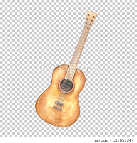 Six string guitar watercolor illustration isolated background. Brown musical stringed instrument. Classical element for music education design, book decor, jazz festival posters, stickers 123658247